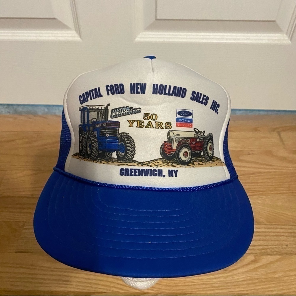 Vintage Ford New Holland Tractor Puffy Trucker Hat SnapBack Mesh Blue White - Picture 3 of 12